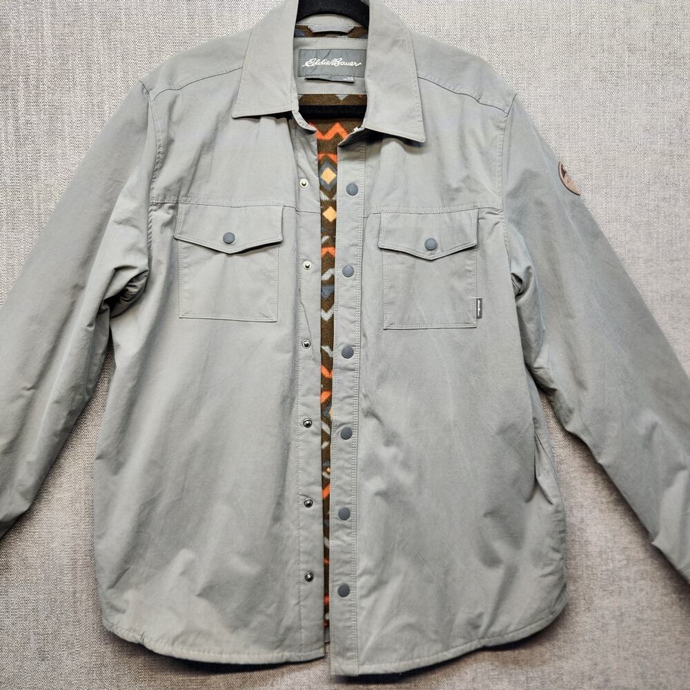 Eddie Bauer Mens L Fleece Lined Shirt Jacket Gray Snap Front Shacket Outdoor